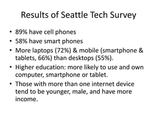 • 89% have cell phones
• 58% have smart phones
• More laptops (72%) & mobile (smartphone &
tablets, 66%) than desktops (55%).
• Higher education: more likely to use and own
computer, smartphone or tablet.
• Those with more than one internet device
tend to be younger, male, and have more
income.
Results of Seattle Tech Survey
 