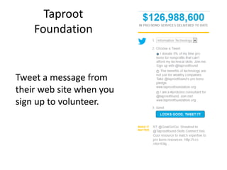 Taproot
Foundation
Tweet a message from
their web site when you
sign up to volunteer.
 