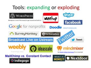 Tools: expanding or exploding
Wordpress is one of the easiest to get started and build on.
See Rainer Valley Greenways for an example
 