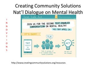 Creating Community Solutions
Nat’l Dialogue on Mental Health
http://www.creatingcommunitysolutions.org/resources
I
N
N
O
V
T
I
O
N
S
 