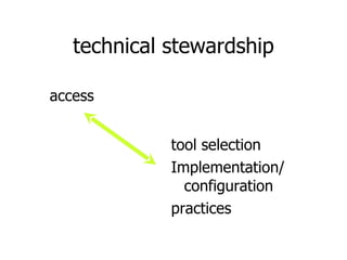 technical stewardship access tool selection Implementation/ configuration practices 