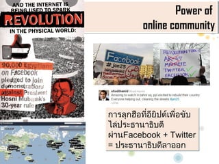 Power of
                   Power of
          online community
          online community




??????????????????????????
           ?
???????????????
????Facebook + Twitter
= ?????????????????
 