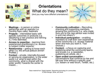 Meetings  – in person or online gatherings with an agenda (i.e. monthly topic calls); webinars Projects  – interrelated tasks with specific outcomes or products (i.e. Identifying a new practice and refining it.) Time delimited. Access to expertise  – learning from experienced practitioners (i.e. access to subject matter experts) Relationship  – getting to know each other (i.e. the annual potluck dinner! Profiles.) Context  – private, internally-focused or serving an organization, or the wider world (i.e. what is kept within the community, what is shared with the wider world) Towards the center is inward… Community cultivation  – Recruiting, orienting and supporting members, growing the community (i.e. who made sure you’re the new person was invited in and met others?) Individual participation  – enabling members to craft their own experience of the community (i.e. access material when and how you want it. Tool choices.) Content  – a focus on capturing and publishing what the community learns and knows (i.e. a newsletter, publishing an article, etc.)  Open ended conversation  – conversations that continue to rise and fall over time without a specific goal (i.e. listserv or web forum, Twitter, etc.) Base material from: Digital Habitats: Stewarding technology for communities © 2009 Wenger, White, and Smith Orientations What do they mean? (And you may have different orientations!) 