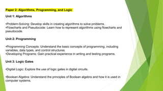 Paper 2: Algorithms, Programming, and Logic
Unit 1: Algorithms
•Problem-Solving: Develop skills in creating algorithms to solve problems.
•Flowcharts and Pseudocode: Learn how to represent algorithms using flowcharts and
pseudocode.
Unit 2: Programming
•Programming Concepts: Understand the basic concepts of programming, including
variables, data types, and control structures.
•Developing Programs: Gain practical experience in writing and testing programs.
Unit 3: Logic Gates
•Digital Logic: Explore the use of logic gates in digital circuits.
•Boolean Algebra: Understand the principles of Boolean algebra and how it is used in
computer systems.
 