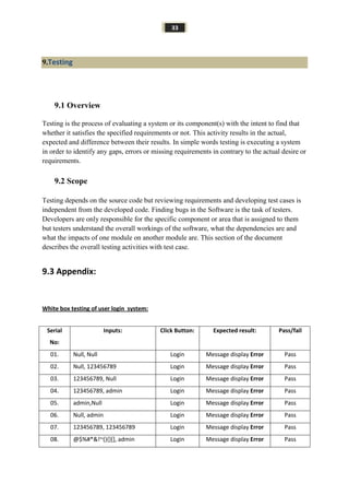 33
9.Testing
9.1 Overview
Testing is the process of evaluating a system or its component(s) with the intent to find that
whether it satisfies the specified requirements or not. This activity results in the actual,
expected and difference between their results. In simple words testing is executing a system
in order to identify any gaps, errors or missing requirements in contrary to the actual desire or
requirements.
9.2 Scope
Testing depends on the source code but reviewing requirements and developing test cases is
independent from the developed code. Finding bugs in the Software is the task of testers.
Developers are only responsible for the specific component or area that is assigned to them
but testers understand the overall workings of the software, what the dependencies are and
what the impacts of one module on another module are. This section of the document
describes the overall testing activities with test case.
9.3 Appendix:
White box testing of user login system:
Serial
No:
Inputs: Click Button: Expected result: Pass/fail
01. Null, Null Login Message display Error Pass
02. Null, 123456789 Login Message display Error Pass
03. 123456789, Null Login Message display Error Pass
04. 123456789, admin Login Message display Error Pass
05. admin,Null Login Message display Error Pass
06. Null, admin Login Message display Error Pass
07. 123456789, 123456789 Login Message display Error Pass
08. @$%#*&!~(){}[], admin Login Message display Error Pass
 