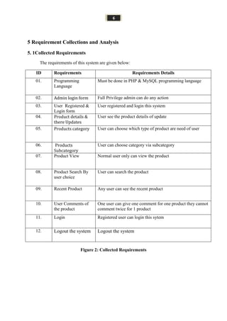 6
5 Requirement Collections and Analysis
5. 1Collected Requirements
The requirements of this system are given below:
ID Requirements Requirements Details
01. Programming
Language
Must be done in PHP & MySQL programming language
02. Admin login form Full Privilege admin can do any action
03. User Registered &
Login form
User registered and login this system
04. Product details &
there Updates
User see the product details of update
05. Products category User can choose which type of product are need of user
06. Products
Subcategory
User can choose category via subcategory
07. Product View Normal user only can view the product
08. Product Search By
user choice
User can search the product
09. Recent Product Any user can see the recent product
10. User Comments of
the product
One user can give one comment for one product they cannot
comment twice for 1 product
11. Login Registered user can login this sytem
12. Logout the system Logout the system
Figure 2: Collected Requirements
 