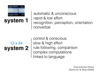 system 1 
system 2 
automatic & unconscious 
rapid & low effort 
recognition, perception, orientation 
nonverbal 
control & conscious 
slow & high effort 
rule following, comparison 
complex computations 
linked to language 
13 x 24 
Dual process theory 
Stanovich & West (2000) 
 