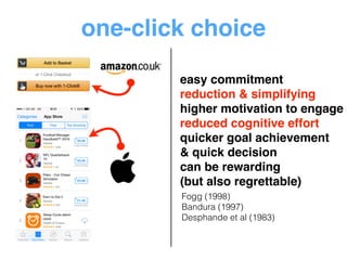 one-click choice 
easy commitment! 
reduction & simplifying! 
higher motivation to engage! 
reduced cognitive effort! 
quicker goal achievement ! 
& quick decision ! 
can be rewarding! 
(but also regrettable) 
Fogg (1998) 
Bandura (1997) 
Desphande et al (1983) 
 