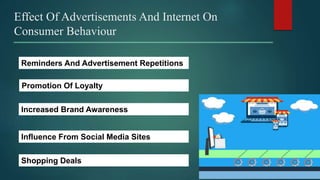 Effect Of Advertisements And Internet On
Consumer Behaviour
Reminders And Advertisement Repetitions
Promotion Of Loyalty
Increased Brand Awareness
Influence From Social Media Sites
Shopping Deals
 