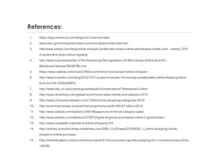 References:
1. https://bigcommerce.com/blog/omni-channel-retail
2. www.pwc.gx/en/industries/retail-consumer/global-total-retail.htm
3. http//www.whisbi.com/blog/online-shopper-profile-who-shops-online-almost(www.mintel.com/.../nearly-70%-
of-americans-shop-online-regularly
4. http://www.businessinsider.in/The-Surprising-Demographics-Of-Who-Shops-Online-And-On-
Mobile/articleshow/36449798.cms
5. https://www.statista.com/chart/3790/e-commerce-revenue-per-online-shopper/
6. http://www.trueship.com/blog/2015/12/21/a-year-in-review-16-insanely-unbelievable-online-shopping-facts-
from-2015/#.V334sONlPIU
7. http://www.bbc.co.uk/schools/gcsebitesize/ict/implications/1lifestylerev5.shtml
8. http://www.remarkety.com/global-ecommerce-sales-trends-and-statistics-2015
9. http://www.chinainternetwatch.com/12540/online-shopping-categories-2015/
10. http://ecommercenews.eu/ecommerce-germany-worth-e59-87-billion-2015/
11. http://www.statista.com/statistics/348180/japan-ecommerce-category-sales/
12. http://www.statista.com/statistics/275973/types-of-goods-purchased-online-in-great-britain/
13. http://www.wisegeek.org/what-is-online-shopping.htm
14. http://articles.economictimes.indiatimes.com/2006-12-25/news/27439230_1_online-shopping-online-
presence-online-purchase
15. http://marketingland.com/e-commerce-report-9-10-consumers-say-free-shipping-no-1-incentive-shop-online-
180280
 