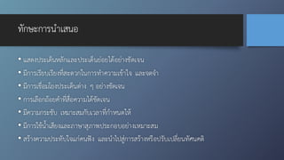 ทักษะการนำเสนอ
• แสดงประเด็นหลักและประเด็นย่อยได้อย่างชัดเจน
• มีการเรียบเรียงที่สะดวกในการทำความเข้าใจ และจดจำ
• มีการเชื่อมโยงประเด็นต่าง ๆ อย่างชัดเจน
• การเลือกถ้อยคำที่สื่อความได้ชัดเจน
• มีความกระชับ เหมาะสมกับเวลาที่กำหนดให้
• มีการใช้น้ำเสียงและภาษาสุภาพประกอบอย่างเหมาะสม
• สร้างความประทับใจแก่คนฟัง และนำไปสู่การสร้างหรือปรับเปลี่ยนทัศนคติ
 