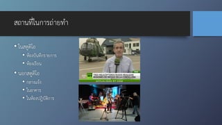 สถานที่ในการถ่ายทำ
• ในสตูดิโอ
• ห้องบันทึกรายการ
• ห้องเรียน
• นอกสตูดิโอ
• กลางแจ้ง
• ในอาคาร
• ในห้องปฎิบัติการ
 