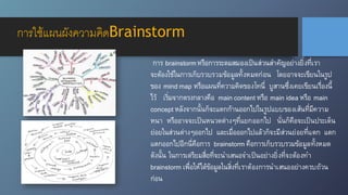 การ brainstormหรือการระดมสมองเป็นส่วนสำคัญอย่างยิ่งที่เรา
จะต้องใช้ในการเก็บรวบรวมข้อมูลทั้งหมดก่อน โดยอาจจะเขียนในรูป
ของ mind map หรือแผนที่ความคิดของโทนี่ บูสานซึ่งเคยเขียนเรื่องนี้
ไว้ เริ่มจากตรงกลางคือ main content หรือ main idea หรือ main
concept หลังจากนั้นก็จะแตกก้านออกไปในรูปแบบของเส้นที่มีความ
หนา หรืออาจจะเป็นหนวดต่างๆที่แยกออกไป นั่นก็คือจะเป็นประเด็น
ย่อยในส่วนต่างๆออกไป และเมื่อออกไปแล้วก็จะมีส่วนย่อยที่แตก แตก
แตกออกไปอีกนี่คือการ brainstorm คือการเก็บรวบรวมข้อมูลทั้งหมด
ดังนั้น ในการเตรียมสื่อที่จะนำเสนอจำเป็นอย่างยิ่งที่จะต้องทำ
brainstorm เพื่อให้ได้ข้อมูลในสิ่งที่เราต้องการนำเสนออย่างครบถ้วน
ก่อน
การใช้แผนผังความคิดBrainstorm
 
