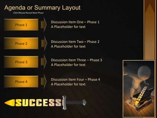 Agenda or Summary Layout
  Click Mouse Reveal Next Phase



                                  Discussion Item One – Phase 1
   Phase 1                        A Placeholder for text



   Phase 2                        Discussion Item Two – Phase 2
                                  A Placeholder for text


                                  Discussion Item Three – Phase 3
   Phase 3
                                  A Placeholder for text


                                  Discussion Item Four – Phase 4
   Phase 4
                                  A Placeholder for text
 