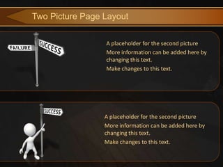 Two Picture Page Layout


                 A placeholder for the second picture
                 More information can be added here by
                 changing this text.
                 Make changes to this text.




                 A placeholder for the second picture
                 More information can be added here by
                 changing this text.
                 Make changes to this text.
 