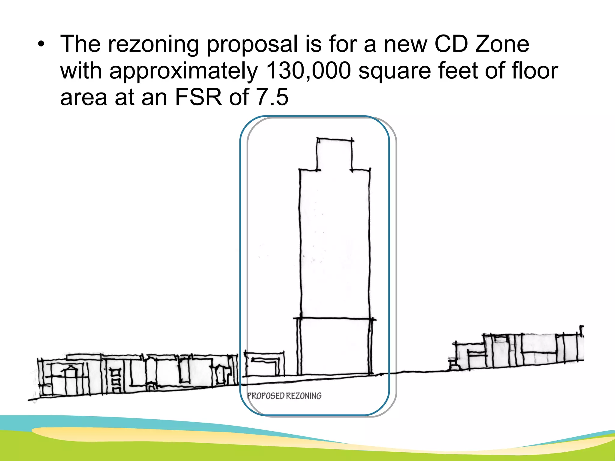 The rezoning proposal is for a new CD Zone with approximately 130,000 square feet of floor area at an FSR of 7.5 