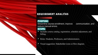 Requirement Analysis
Purpose:
Streamline course enrollment, improve communication, and
reduce manual errors.
Scope:
 Includes course catalog, registration, schedule adjustment, and
billing.
 Roles: Students, Professors, and Administrators.
 Visual suggestion: Stakeholder icons or flow diagram.
 