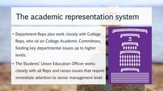 • Department Reps also work closely with College
Reps, who sit on College Academic Committees,
feeding key departmental issues up to higher
levels.
• The Students’ Union Education Officer works
closely with all Reps and raises issues that require
immediate attention to senior management level.
The academic representation system
 