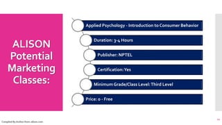 ALISON
Potential
Marketing
Classes:
11
Complied By Author from: alison.com
Applied Psychology - Introduction to Consumer Behavior
Duration: 3-4 Hours
Publisher: NPTEL
Certification:Yes
Minimum Grade/Class Level:Third Level
Price: 0 - Free
 