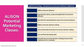 ALISON
Potential
Marketing
Classes:
12
Complied By Author from: alison.com
Define consumer behavior
Describe the nature, scope and application of consumer
behavior
Describe the interdisciplinary nature of consumer behavior
Define consumer decision making
List and describe the levels of consumer decision making
List and describe buying roles
Describe the consumer decision making process and its
implications for a marketer
Applied Psychology - Introduction to Consumer Behavior Objectives
 