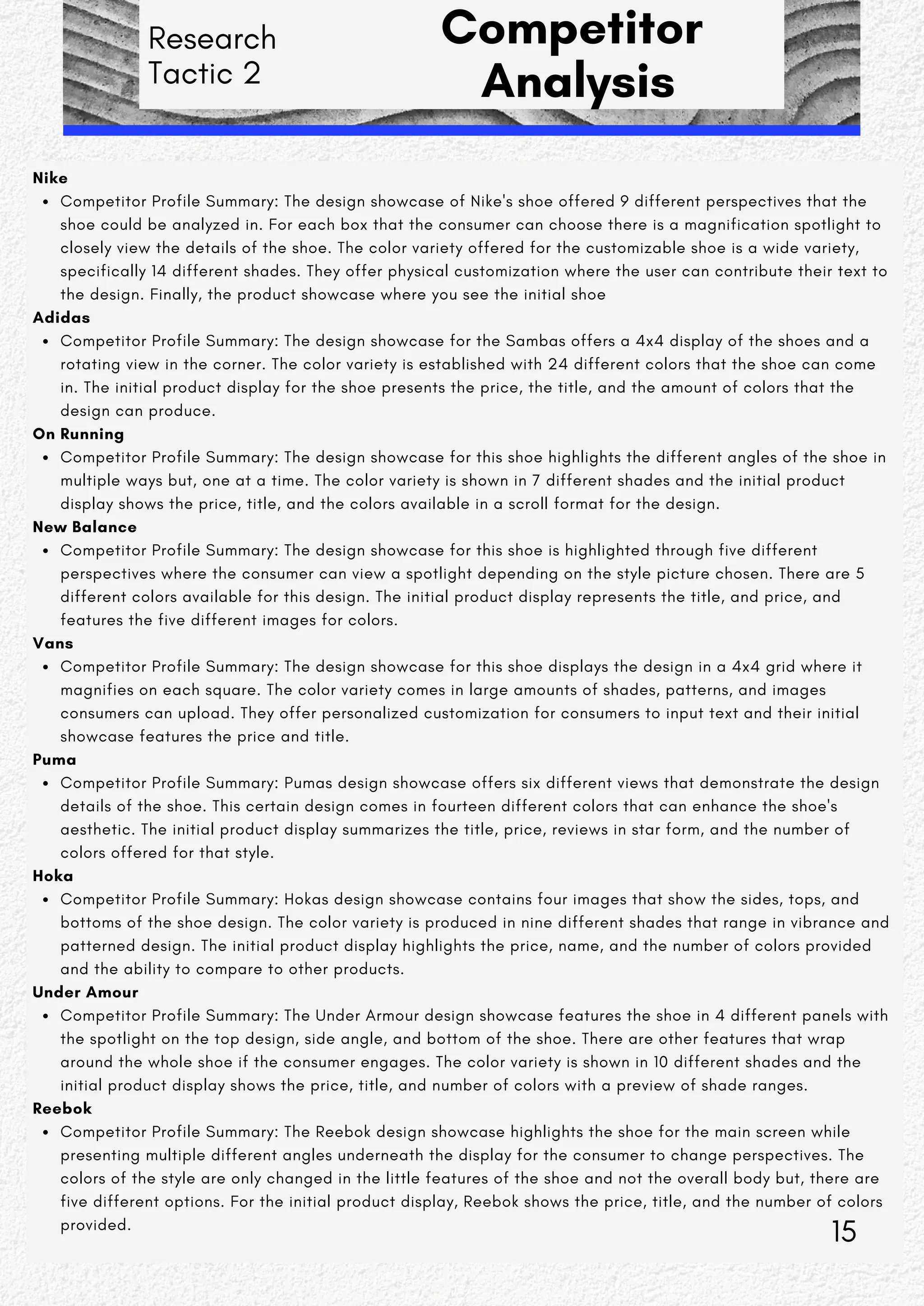 Research
Tactic 2
Competitor
Analysis
Nike
Competitor Profile Summary: The design showcase of Nike's shoe offered 9 different perspectives that the
shoe could be analyzed in. For each box that the consumer can choose there is a magnification spotlight to
closely view the details of the shoe. The color variety offered for the customizable shoe is a wide variety,
specifically 14 different shades. They offer physical customization where the user can contribute their text to
the design. Finally, the product showcase where you see the initial shoe
Adidas
Competitor Profile Summary: The design showcase for the Sambas offers a 4x4 display of the shoes and a
rotating view in the corner. The color variety is established with 24 different colors that the shoe can come
in. The initial product display for the shoe presents the price, the title, and the amount of colors that the
design can produce.
On Running
Competitor Profile Summary: The design showcase for this shoe highlights the different angles of the shoe in
multiple ways but, one at a time. The color variety is shown in 7 different shades and the initial product
display shows the price, title, and the colors available in a scroll format for the design.
New Balance
Competitor Profile Summary: The design showcase for this shoe is highlighted through five different
perspectives where the consumer can view a spotlight depending on the style picture chosen. There are 5
different colors available for this design. The initial product display represents the title, and price, and
features the five different images for colors.
Vans
Competitor Profile Summary: The design showcase for this shoe displays the design in a 4x4 grid where it
magnifies on each square. The color variety comes in large amounts of shades, patterns, and images
consumers can upload. They offer personalized customization for consumers to input text and their initial
showcase features the price and title.
Puma
Competitor Profile Summary: Pumas design showcase offers six different views that demonstrate the design
details of the shoe. This certain design comes in fourteen different colors that can enhance the shoe's
aesthetic. The initial product display summarizes the title, price, reviews in star form, and the number of
colors offered for that style.
Hoka
Competitor Profile Summary: Hokas design showcase contains four images that show the sides, tops, and
bottoms of the shoe design. The color variety is produced in nine different shades that range in vibrance and
patterned design. The initial product display highlights the price, name, and the number of colors provided
and the ability to compare to other products.
Under Amour
Competitor Profile Summary: The Under Armour design showcase features the shoe in 4 different panels with
the spotlight on the top design, side angle, and bottom of the shoe. There are other features that wrap
around the whole shoe if the consumer engages. The color variety is shown in 10 different shades and the
initial product display shows the price, title, and number of colors with a preview of shade ranges.
Reebok
Competitor Profile Summary: The Reebok design showcase highlights the shoe for the main screen while
presenting multiple different angles underneath the display for the consumer to change perspectives. The
colors of the style are only changed in the little features of the shoe and not the overall body but, there are
five different options. For the initial product display, Reebok shows the price, title, and the number of colors
provided.
15
 