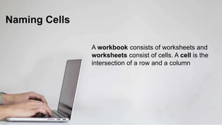 Naming Cells
A workbook consists of worksheets and
worksheets consist of cells. A cell is the
intersection of a row and a column
 