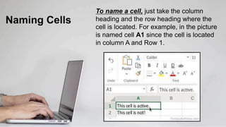 Naming Cells
To name a cell, just take the column
heading and the row heading where the
cell is located. For example, in the picture
is named cell A1 since the cell is located
in column A and Row 1.
 