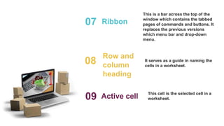 Ribbon
07
This is a bar across the top of the
window which contains the tabbed
pages of commands and buttons. It
replaces the previous versions
which menu bar and drop-down
menu.
Row and
column
heading
08 It serves as a guide in naming the
cells in a worksheet.
Active cell
09 This cell is the selected cell in a
worksheet.
 