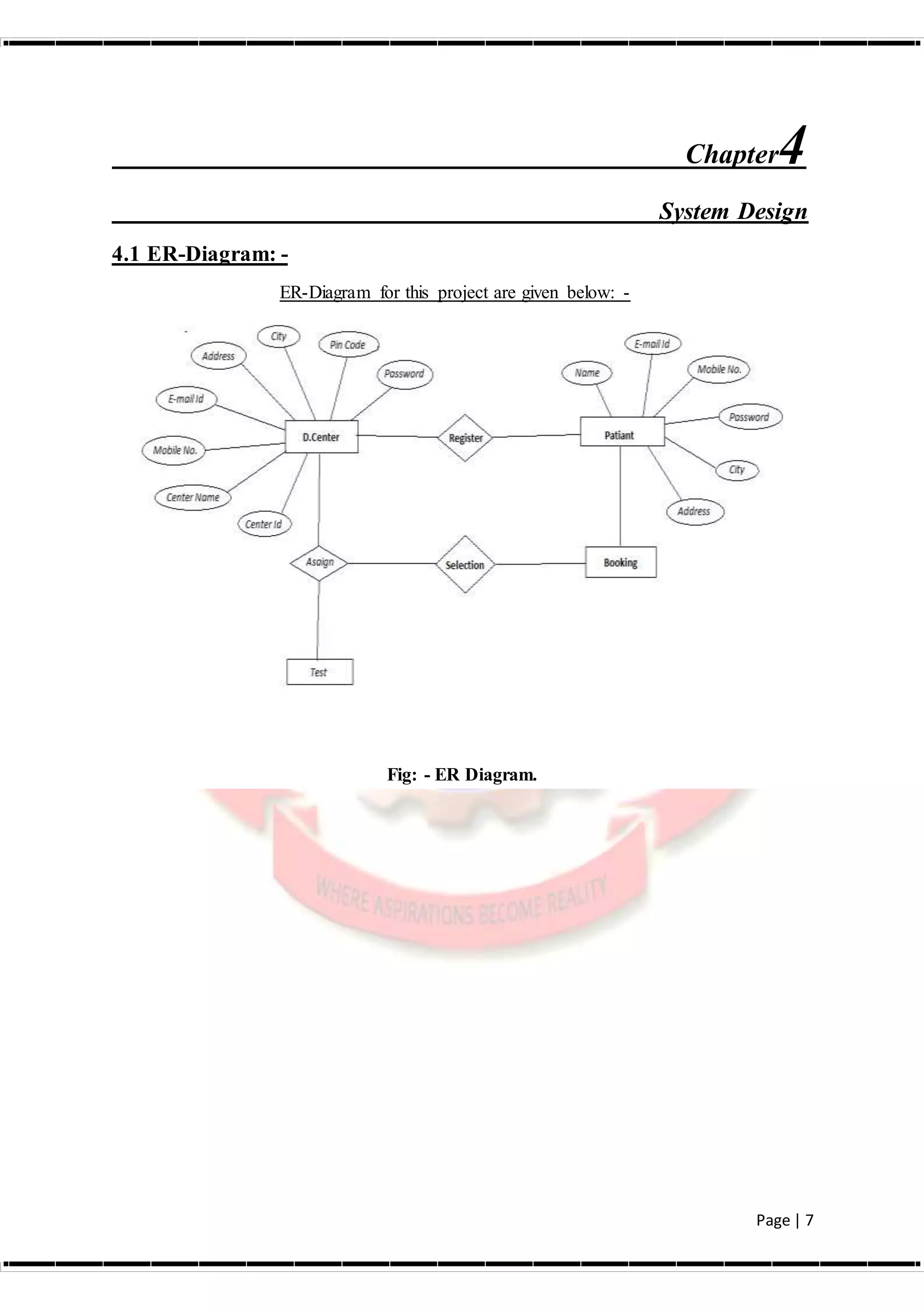 Page | 7
Chapter4
System Design
4.1 ER-Diagram: -
ER-Diagram for this project are given below: -
Fig: - ER Diagram.
 
