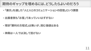 期待のギャップを埋めるには、どうしたらよいのだろう
• 「展示」を通した「人と人とのコミュニケーションの回復」という課題
• 出展者側も「お客」であっていいはずがない
• 現状「勝利の方程式」は無いが、挑む価値はある
• 神輿は一人では決して担げない
11
 