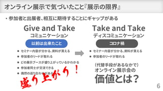 オンライン展示で気づいたこと『展示の限界』
• 参加者と出展者、相互に期待することにギャップがある
6
以前は出来たこと コロナ禍
⚫ セミナー内容が分かる、資料が貰える
⚫ 参加者のリードが取れる
⚫ セミナー内容が分かる、資料が貰える
⚫ 参加者のリードが取れる
⚫ どの展示ブースが盛り上がっているかわかる
⚫ 参加者同士が交流できる
⚫ 偶然の巡り合わせがある
Give and Take
コミュニケーション
Take and Take
ディスコミュニケーション
（代替手段があるなかで）
オンライン展示会の
価値とは？
 