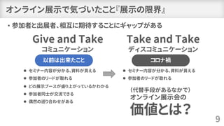 オンライン展示で気づいたこと『展示の限界』
• 参加者と出展者、相互に期待することにギャップがある
9
以前は出来たこと コロナ禍
⚫ セミナー内容が分かる、資料が貰える
⚫ 参加者のリードが取れる
⚫ セミナー内容が分かる、資料が貰える
⚫ 参加者のリードが取れる
⚫ どの展示ブースが盛り上がっているかわかる
⚫ 参加者同士が交流できる
⚫ 偶然の巡り合わせがある
Give and Take
コミュニケーション
Take and Take
ディスコミュニケーション
（代替手段があるなかで）
オンライン展示会の
価値とは？
 
