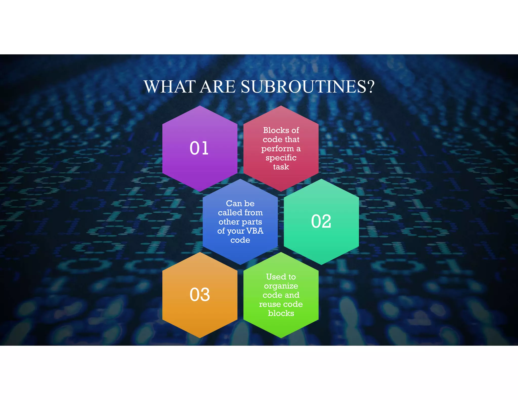 WHAT ARE SUBROUTINES?
Blocks of
code that
perform a
specific
task
01
Can be
called from
other parts
of your VBA
code
02
Used to
organize
code and
reuse code
blocks
03
 