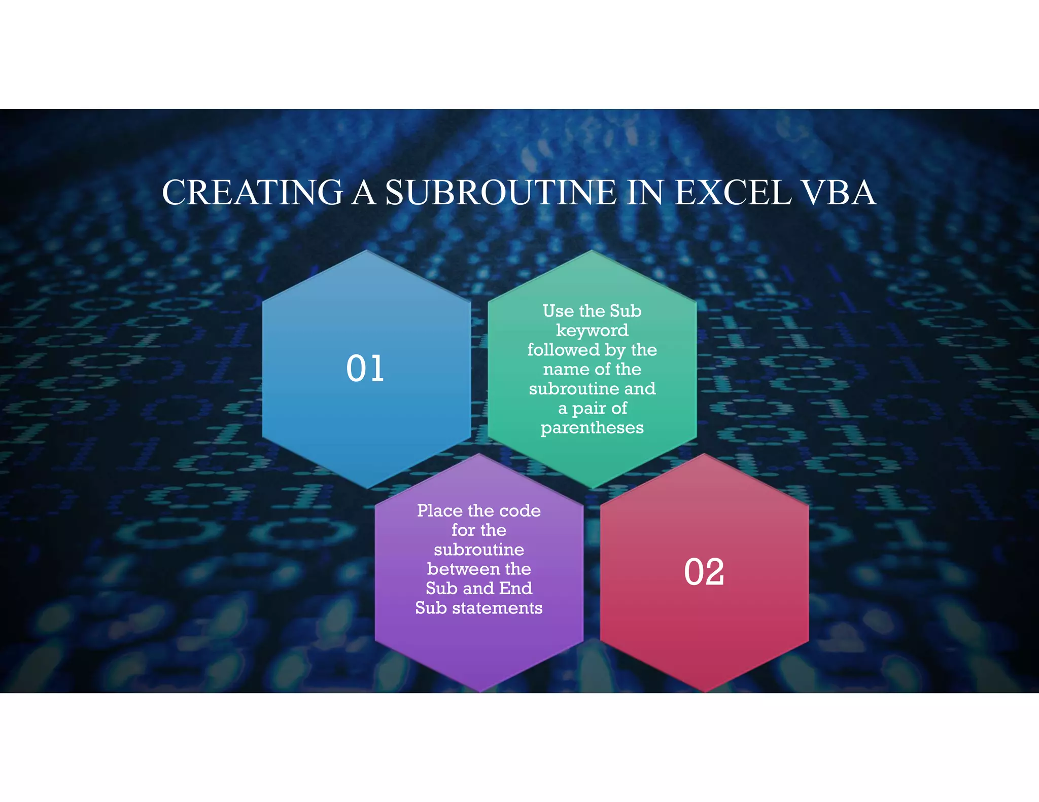 CREATING A SUBROUTINE IN EXCEL VBA
Use the Sub
keyword
followed by the
name of the
subroutine and
a pair of
parentheses
01
Place the code
for the
subroutine
between the
Sub and End
Sub statements
02
 
