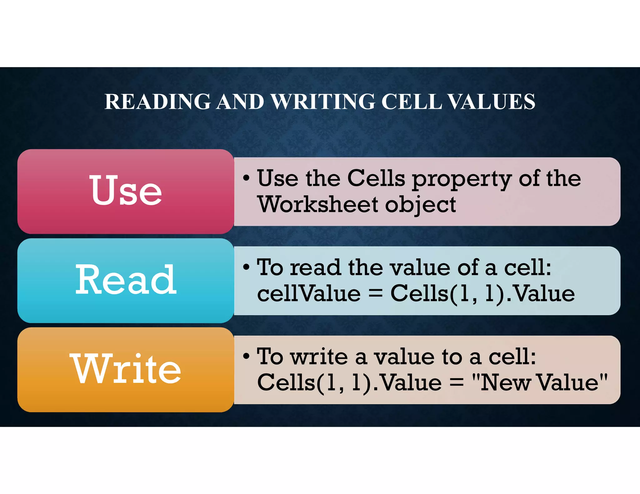 READING AND WRITING CELL VALUES
• Use the Cells property of the
Worksheet object
Use
• To read the value of a cell:
cellValue = Cells(1, 1).Value
Read
• To write a value to a cell:
Cells(1, 1).Value = "New Value"
Write
 