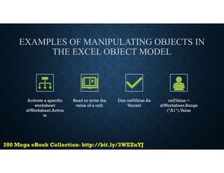 EXAMPLES OF MANIPULATING OBJECTS IN
THE EXCEL OBJECT MODEL
Activate a specific
worksheet:
xlWorksheet.Activa
te
Read or write the
value of a cell:
Dim cellValue As
Variant
cellValue =
xlWorksheet.Range
("A1").Value
 