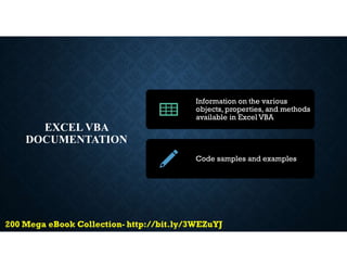 EXCEL VBA
DOCUMENTATION
Information on the various
objects, properties, and methods
available in Excel VBA
Code samples and examples
 