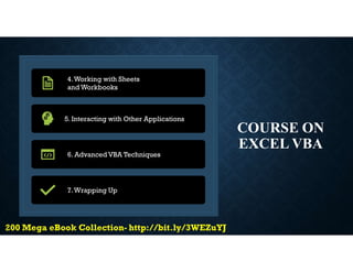 COURSE ON
EXCEL VBA
4.Working with Sheets
and Workbooks
5. Interacting with Other Applications
6. Advanced VBA Techniques
7.Wrapping Up
 