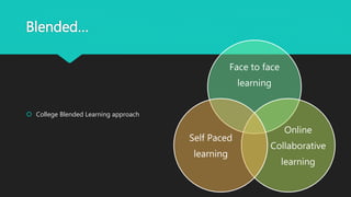 Blended…
 College Blended Learning approach
Face to face
learning
Online
Collaborative
learning
Self Paced
learning
 