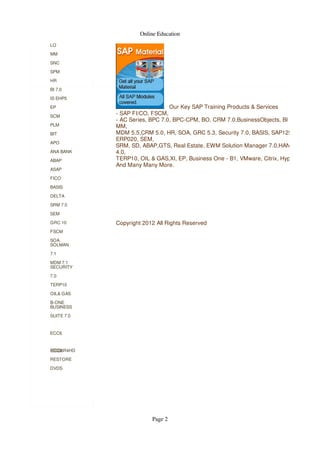 Online Education
LO
MM
SNC
SPM
HR
BI 7.0
IS EHP5
EP
SCM
PLM
BIT
APO
ANA BANK
ABAP
ASAP

Our Key SAP Training Products & Services
- SAP FI/CO, FSCM,
- AC Series, BPC 7.0, BPC-CPM, BO, CRM 7.0,BusinessObjects, BI 7.0,
MM,
MDM 5.5,CRM 5.0, HR, SOA, GRC 5.3, Security 7.0, BASIS, SAP125,
ERP020, SEM,
SRM, SD, ABAP,GTS, Real Estate, EWM Solution Manager 7.0,HANA,BO
4.0,
TERP10, OIL & GAS,XI, EP, Business One - B1, VMware, Citrix, Hyperion
And Many Many More.

FICO
BASIS
DELTA
SRM 7.0
SEM
GRC 10

Copyright 2012 All Rights Reserved

FSCM
SOA
SOLMAN
7.1
MDM 7.1
SECURITY
7.0
TERP10
OIL& GAS
B-ONE
BUSINESS
SUITE 7.0

ECC6

ECC6
ECC6R4HD
RESTORE
DVDS

Page 2

 