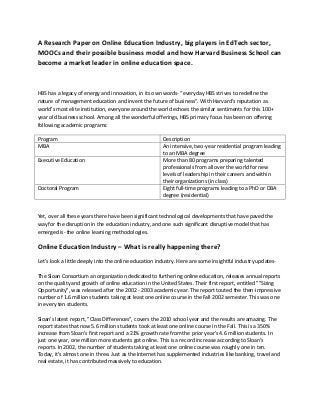 A Research Paper on Online Education Industry, big players in EdTech sector,
MOOCs and their possible business model and how Harvard Business School can
become a market leader in online education space.
HBS has a legacy of energy and innovation, in its own words- “everyday HBS strives to redefine the
nature of management education and invent the future of business”. With Harvard’s reputation as
world’s most elite institution, everyone around the world echoes the similar sentiments for this 100+
year old business school. Among all the wonderful offerings, HBS primary focus has been on offering
following academic programs:
Program Description
MBA An intensive, two-year residential program leading
to an MBA degree
Executive Education More than 80 programs preparing talented
professionals from all over the world for new
levels of leadership in their careers and within
their organizations (in class)
Doctoral Program Eight full-time programs leading to a PhD or DBA
degree (residential)
Yet, over all these years there have been significant technological developments that have paved the
way for the disruption in the education industry, and one such significant disruptive model that has
emerged is- the online learning methodologies.
Online Education Industry – What is really happening there?
Let’s look a little deeply into the online education industry. Here are some insightful industry updates-
The Sloan Consortium an organization dedicated to furthering online education, releases annual reports
on the quality and growth of online education in the United States. Their first report, entitled ""Sizing
Opportunity", was released after the 2002 - 2003 academic year. The report touted the then-impressive
number of 1.6 million students taking at least one online course in the Fall 2002 semester. This was one
in every ten students.
Sloan's latest report, "Class Differences", covers the 2010 school year and the results are amazing. The
report states that now 5.6 million students took at least one online course in the Fall. This is a 350%
increase from Sloan's first report and a 21% growth rate from the prior year's 4.6 million students. In
just one year, one million more students got online. This is a record increase according to Sloan's
reports. In 2002, the number of students taking at least one online course was roughly one in ten.
Today, it's almost one in three. Just as the Internet has supplemented industries like banking, travel and
real estate, it has contributed massively to education.
 