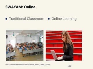 SWAYAM: Online
● Traditional Classroom ● Online Learning
116
https://commons.wikimedia.org/wiki/File:Hainan_Medical_College_-_14.jpg
 