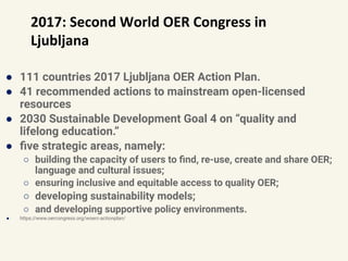 2017: Second World OER Congress in
Ljubljana
● 111 countries 2017 Ljubljana OER Action Plan.
● 41 recommended actions to mainstream open-licensed
resources
● 2030 Sustainable Development Goal 4 on “quality and
lifelong education.”
● ﬁve strategic areas, namely:
○ building the capacity of users to ﬁnd, re-use, create and share OER;
language and cultural issues;
○ ensuring inclusive and equitable access to quality OER;
○ developing sustainability models;
○ and developing supportive policy environments.
● https://www.oercongress.org/woerc-actionplan/
 