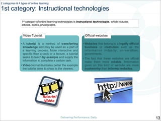 2 categories & 4 types of online learning 

1st category: Instructional technologies
1st category of online learning techn...