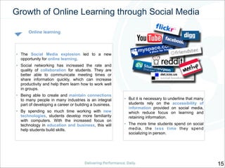 Growth of Online Learning through Social Media
Online learning

• The Social Media explosion led to a new
opportunity for ...