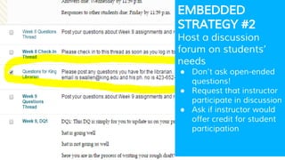 EMBEDDED
STRATEGY #2
Host a discussion
forum on students’
needs
● Don’t ask open-ended
questions!
● Request that instructor
participate in discussion
● Ask if instructor would
offer credit for student
participation
 