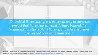 “Embedded librarianship is a powerful way to show the
impact that librarians can and do have beyond the
traditional functions of the library, and why librarians
are needed now more than ever.”
Carlson, J. and Kneale, R., “Embedded Librarianship in the Research Context: Navigating New Waters,” College & Research Libraries News 72, no. 3
(March 2011): 167, Retrieved on May 5, 2015 from, http://crln.acrl.org/content/72/3/167.full.pdf+html
 