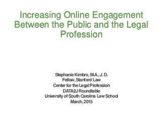 Increasing Online Engagement
Between the Public and the Legal
Profession
StephanieKimbro,M.A.,J.D.
Fellow,StanfordLaw
CenterfortheLegalProfession
DATA2JRoundtable
UniversityofSouthCarolinaLawSchool
March,2015
 