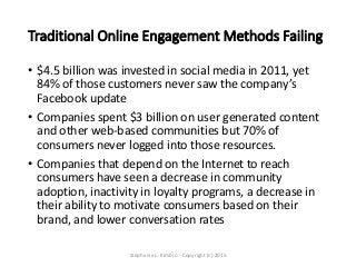 Traditional Online Engagement Methods Failing
• $4.5 billion was invested in social media in 2011, yet
84% of those custom...
