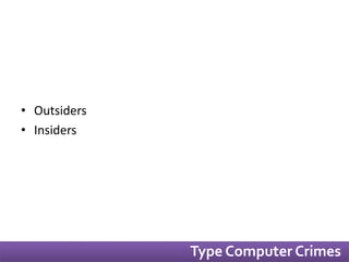 • Outsiders 
• Insiders 
Type Computer Crimes 
 